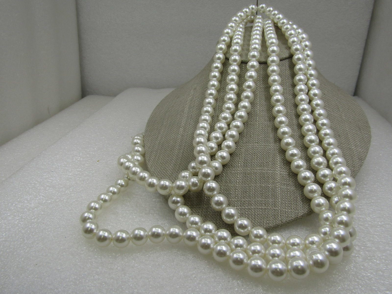 Vintage Pearl Necklace, Sterling Box Clasp. 88", 9.5mm White Faux Pearls - 3