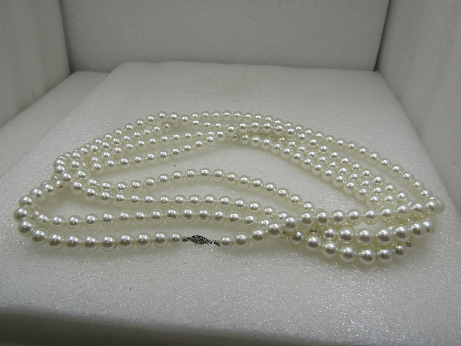 Vintage Pearl Necklace, Sterling Box Clasp. 88", 9.5mm White Faux Pearls - 4