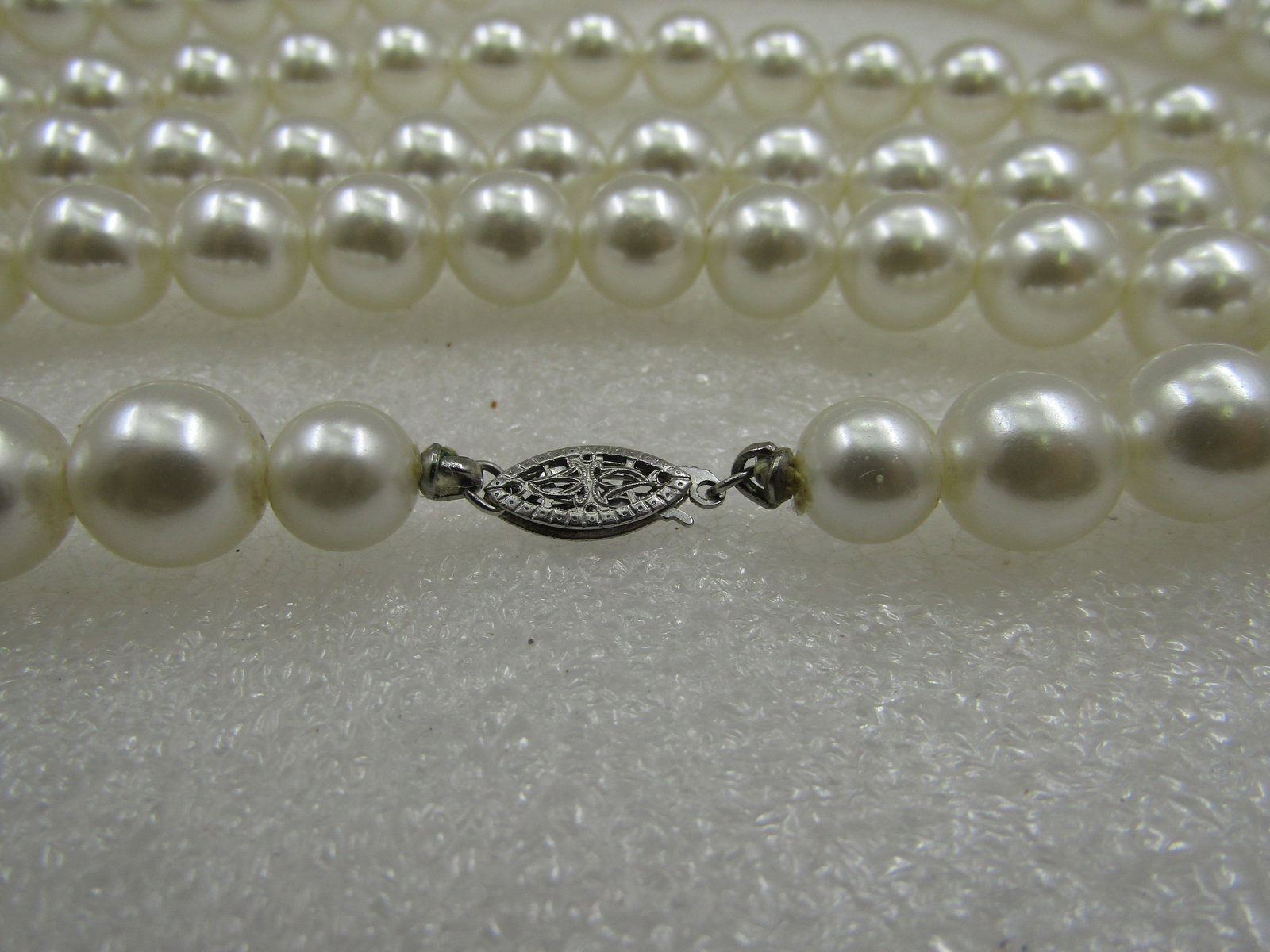 Vintage Pearl Necklace, Sterling Box Clasp. 88", 9.5mm White Faux Pearls - 5