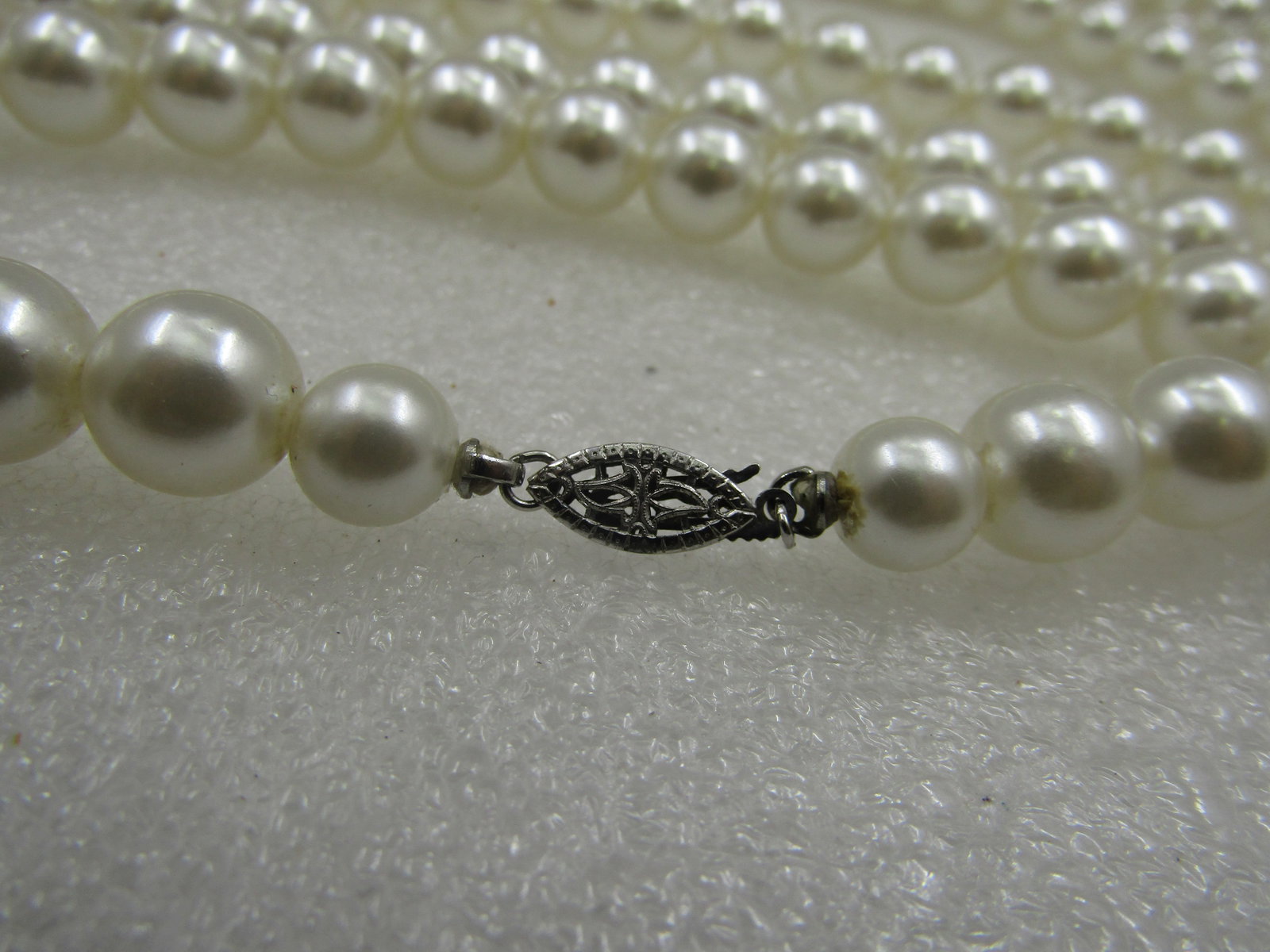 Vintage Pearl Necklace, Sterling Box Clasp. 88", 9.5mm White Faux Pearls - 6