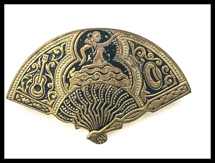 Vintage Damascene Spanish Flamenco Dancers Fan Brooch/Pin - 2