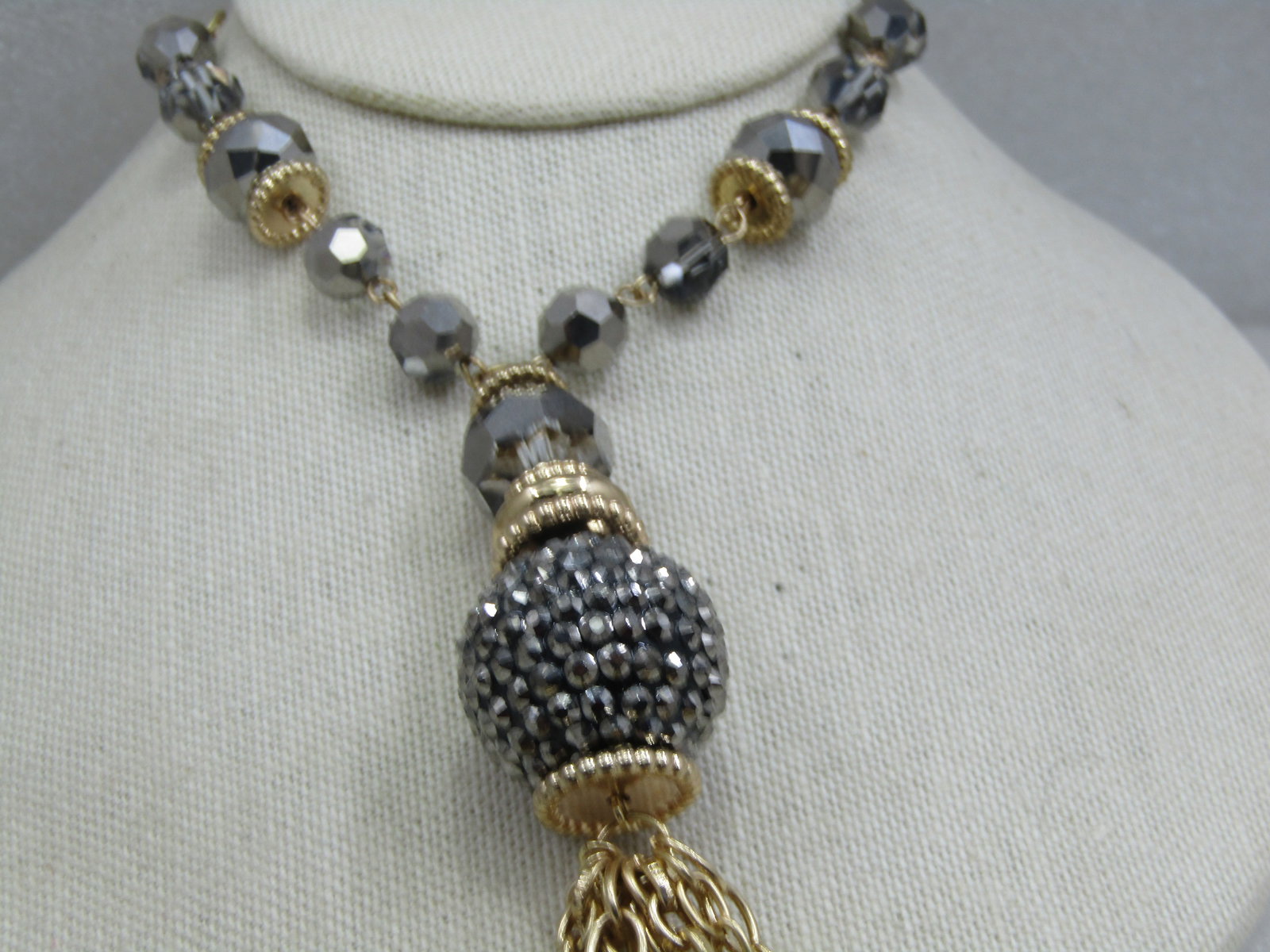 Vintage Hematite Beaded Tassel Necklace, Chunky - 3