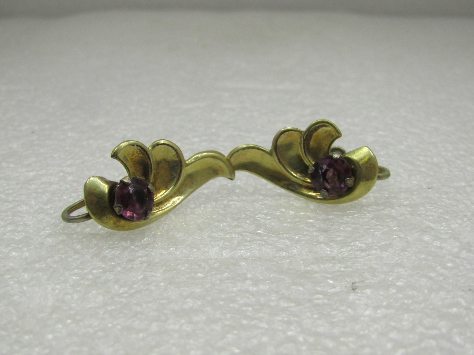 Sterling Gold Vermeil Purple Rhinestone Leaf Earrings, 1940's (1 of 5)