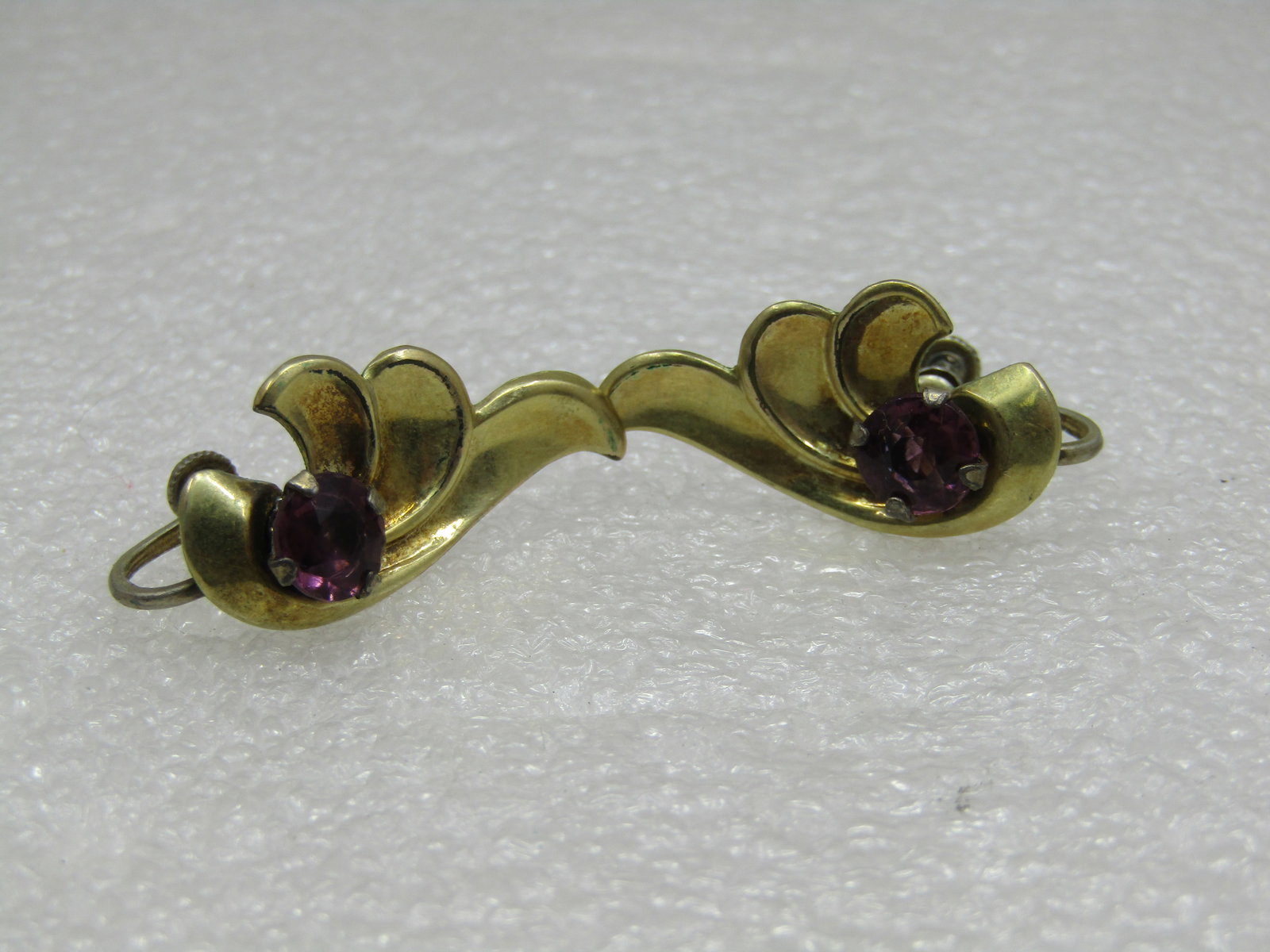 Sterling Gold Vermeil Purple Rhinestone Leaf Earrings, 1940's - 2