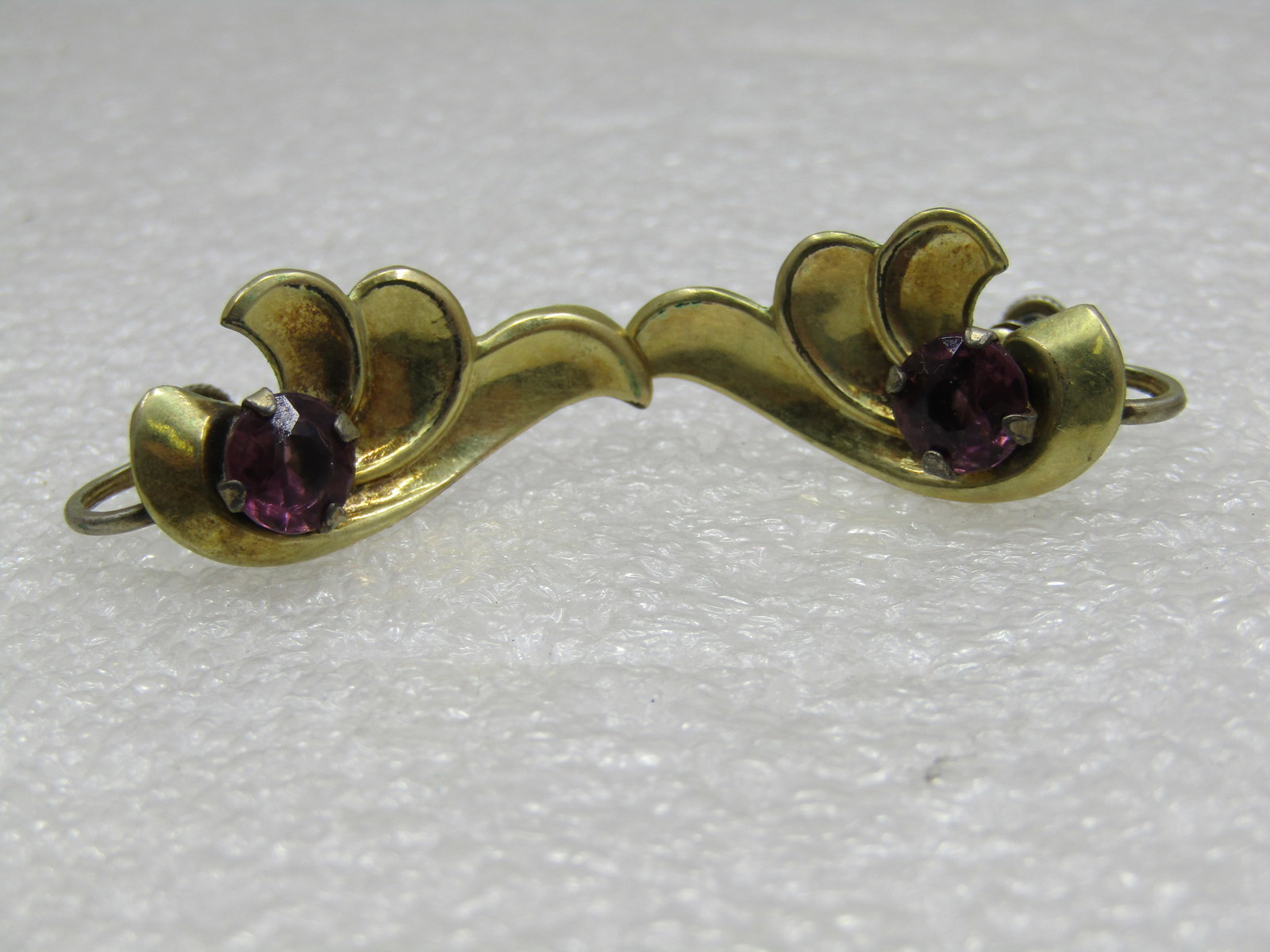 Sterling Gold Vermeil Purple Rhinestone Leaf Earrings, 1940's - 3