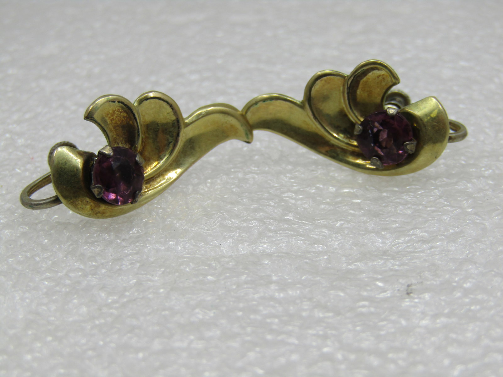 Sterling Gold Vermeil Purple Rhinestone Leaf Earrings, 1940's - 4