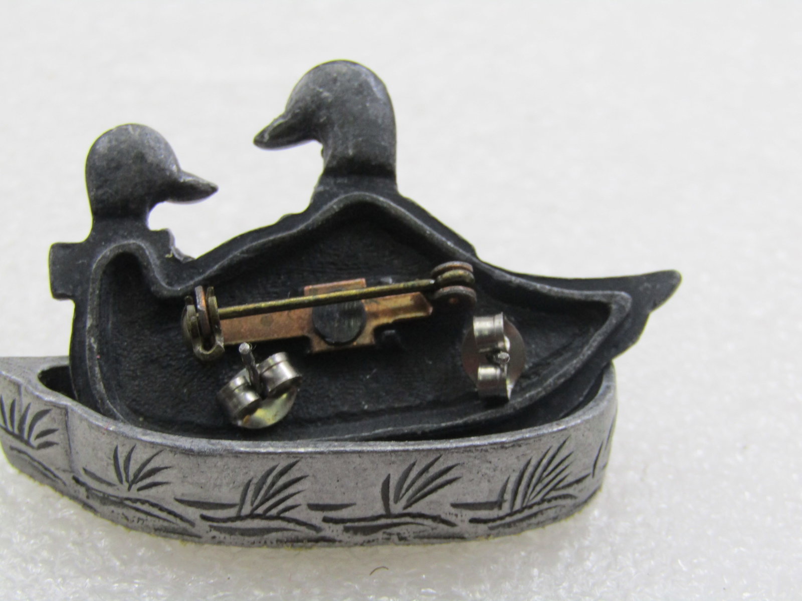 Vintage Pewter Duck Earrings & Necklace Set in Duck Trinket Box, Signed Torino - 5