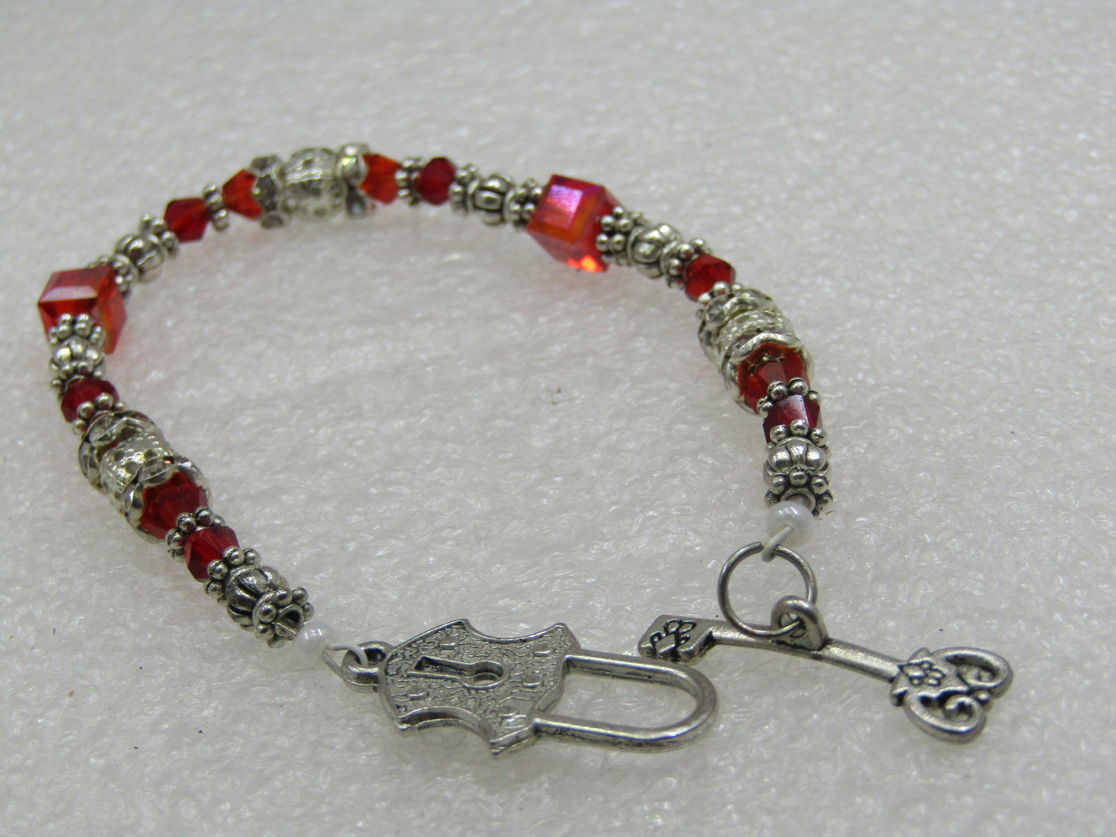 Vintage Silver Tone & Red Crystal Beaded Bracelet, Lock Toggel Clasp, 7" (1 of 6)