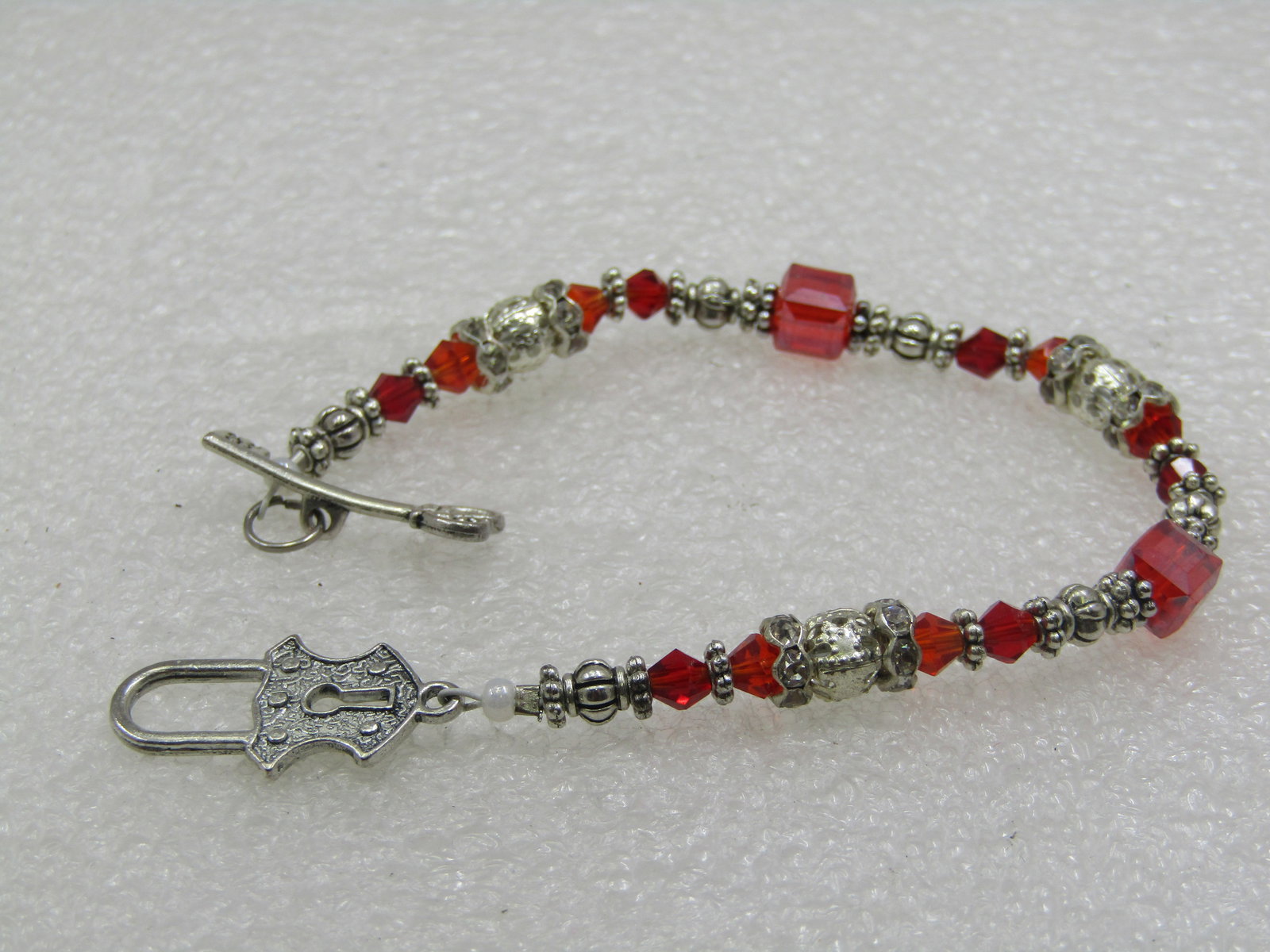 Vintage Silver Tone & Red Crystal Beaded Bracelet, Lock Toggel Clasp, 7" - 5