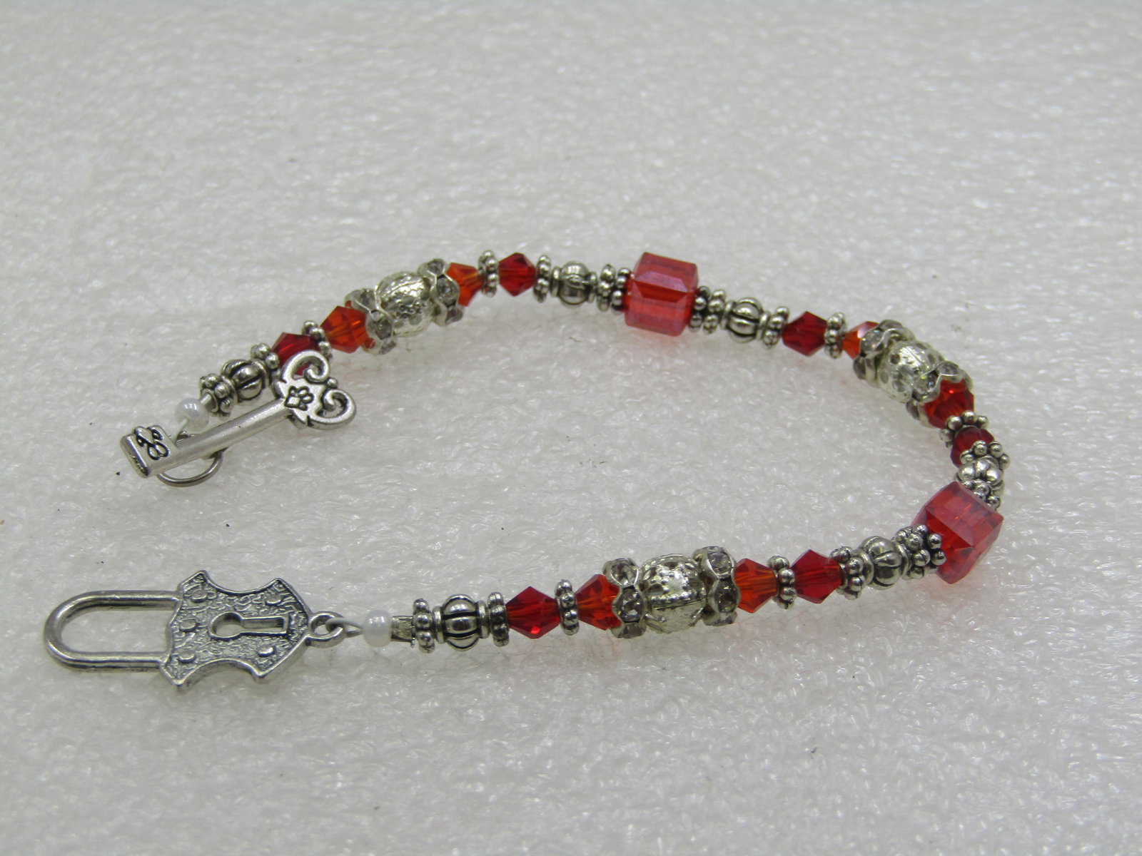 Vintage Silver Tone & Red Crystal Beaded Bracelet, Lock Toggel Clasp, 7" - 6