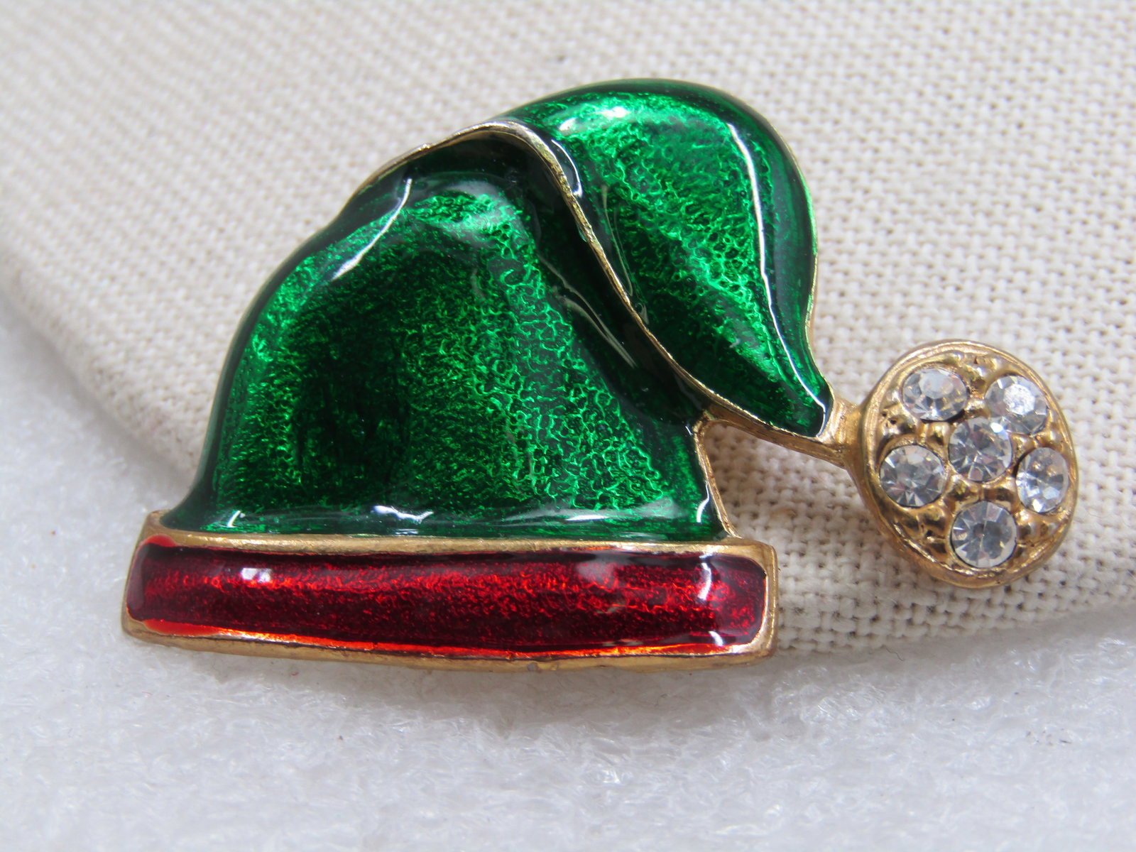 Vintage Clioisonne Red & Green Santa Cap with Rhinestones - 2
