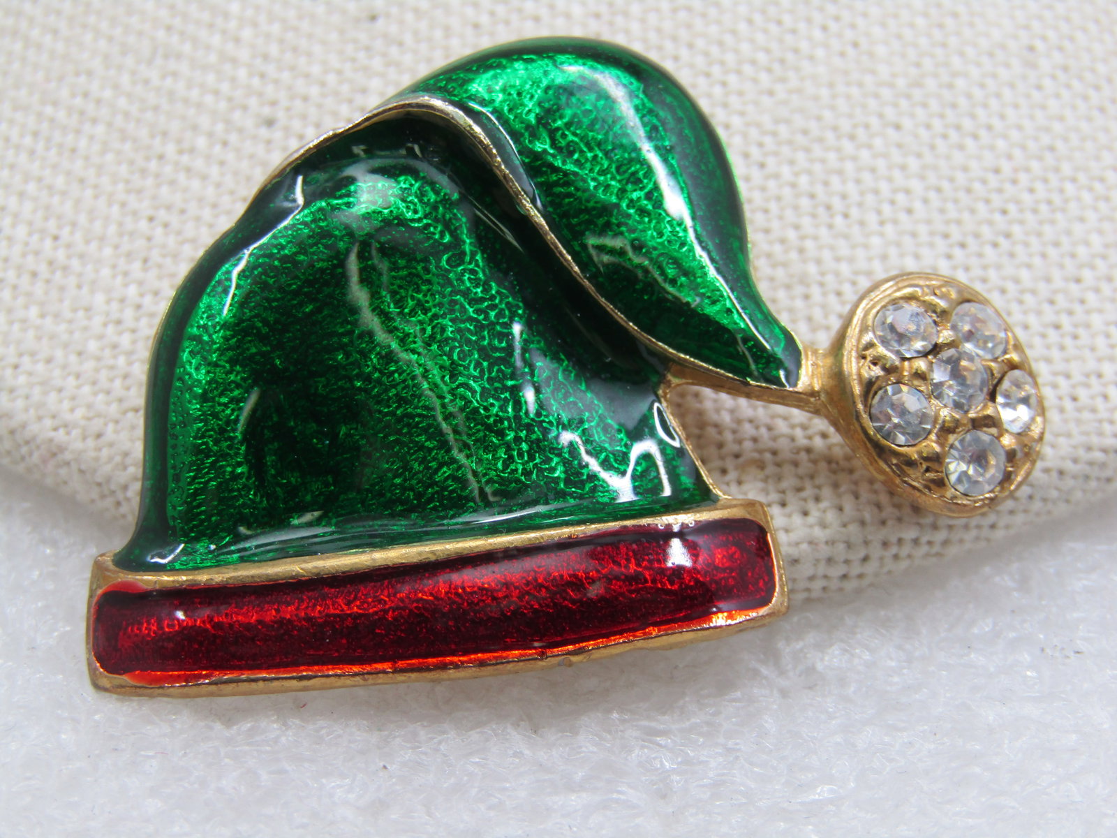 Vintage Clioisonne Red & Green Santa Cap with Rhinestones - 3