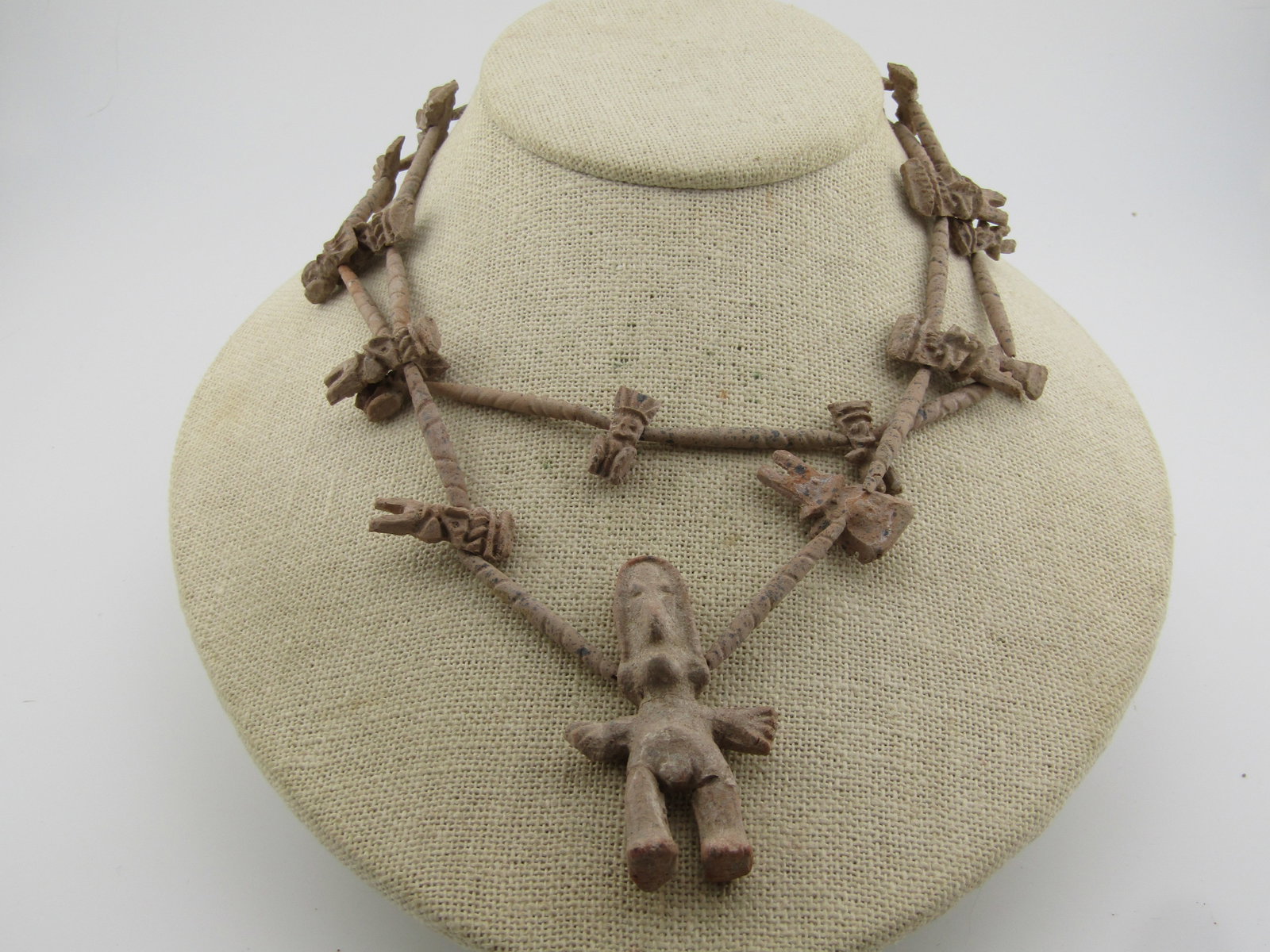 Vintage Lightweight Clay Figural Beaded Necklce, 32", Primitive Design/Handmade: Vintage Lightweight Clay Figural Beaded Necklce, 32", Primitive Design/Handmade. Age is unknown. Unsure of what these are made of - they have a light brown matte finish - not sure if this is a clay ba