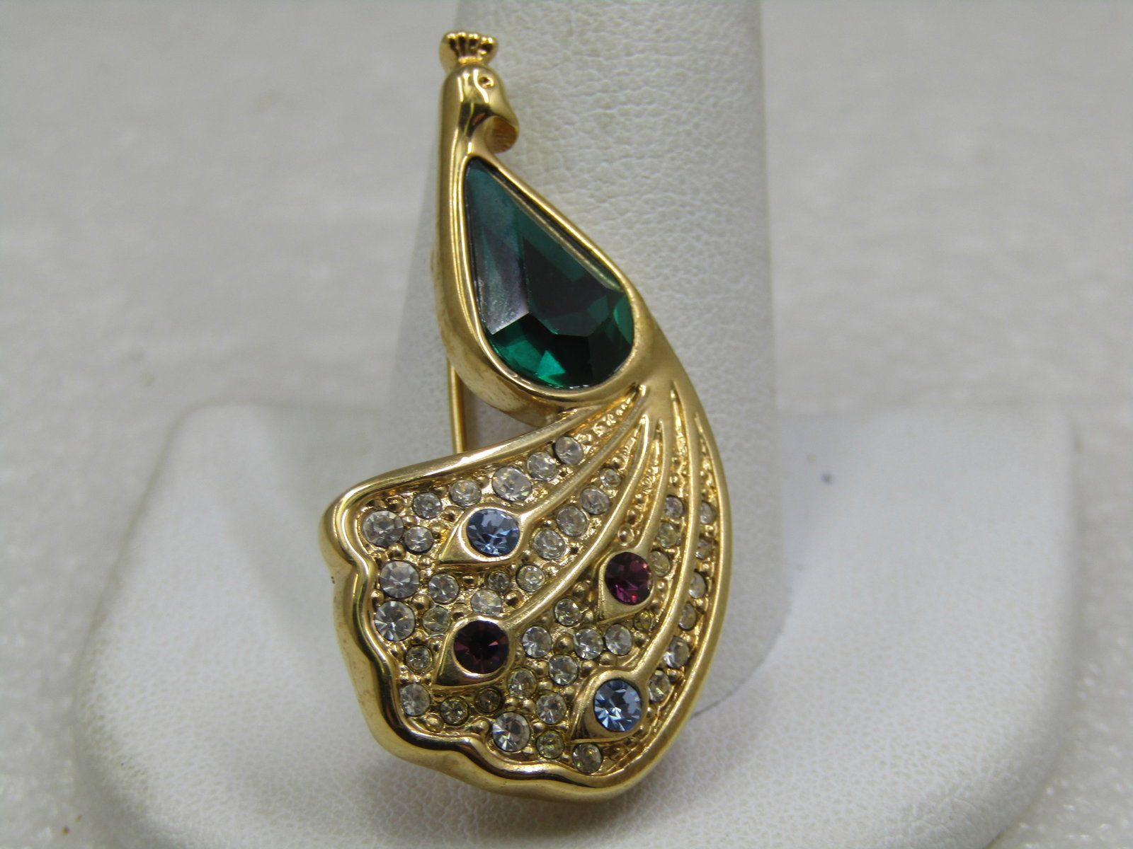 Vintage Rhinestone Peacock Brooch, 1.75", Gold Tone, 1970's-1980's - 2