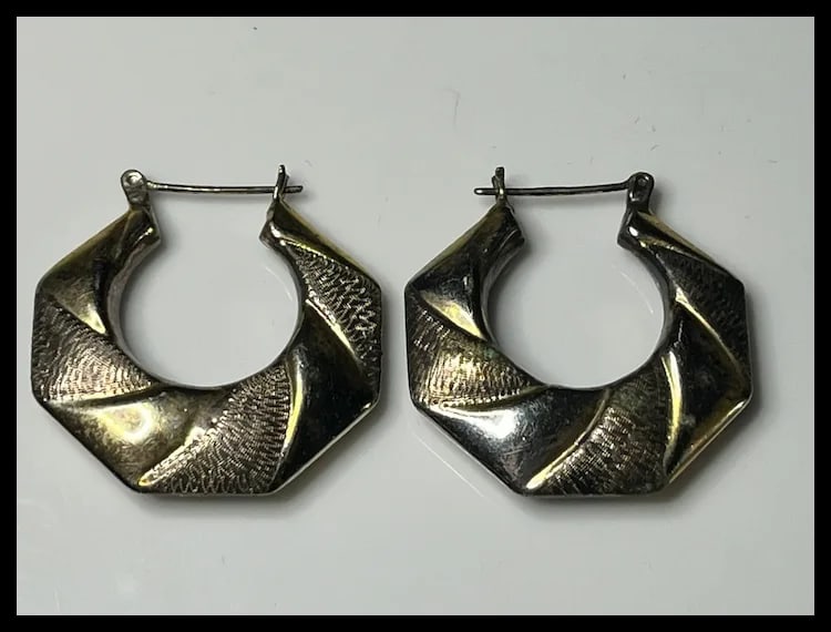 Estate Sterling Silver/Gold Geometric Hoop Earrings - 3