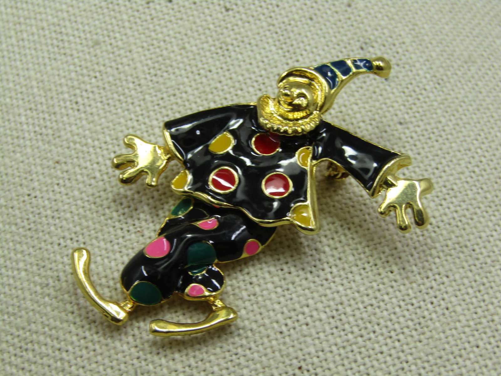 Vintage Enameled Articulated Clown Brooch, 2" - 2