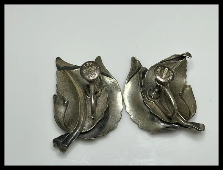 Vintage Jewel Art Sterling Silver Leaf Screw Back Earrings - 3