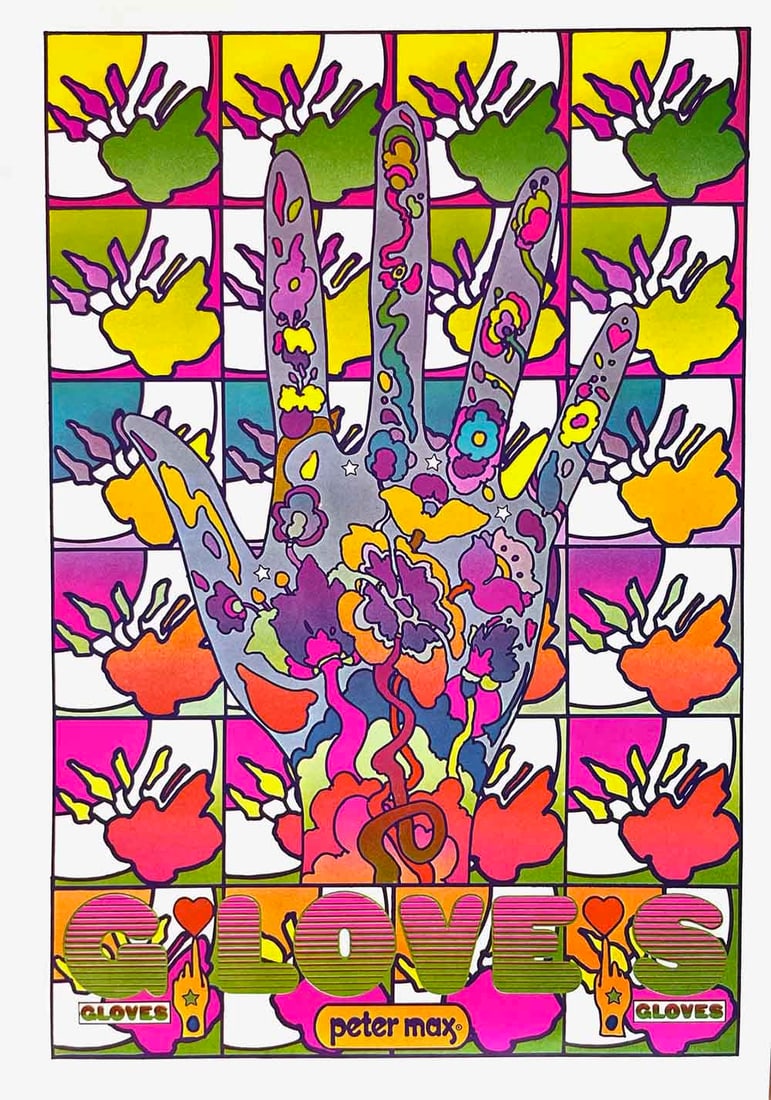 Peter Max Pop Art Poster 12 Gloves 1970: Title: Peter Max Pop Art Poster 12 Gloves 1970 Description: Artist: Peter Max Country: Germany / USA Title: Gloves Medium: Offset Paper Size: 16.5 x 11 inch Marks: Not signed not numbered Published: 1