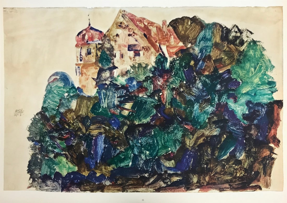 Schiele Lithograph 31 Old Castle in Bregenz 1968: Title: Schiele Lithograph 31 Old Castle in Bregenz 1968 Description: Artist:Egon Schiele Country:Austria Title:The old castle in Bregenz Medium:Lithograph - 31 Marks:Signed in plate Printed:1968 by