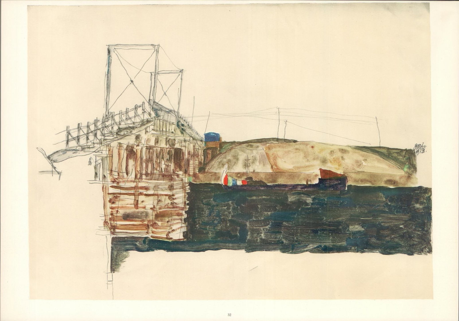 Egon Schiele Lithograph 32 The Bridge 1968: Title: Egon Schiele Lithograph 32 The Bridge 1968 Description: Artist:Egon Schiele Country:Austria Title:The bridge Medium:Lithograph Marks:Signed in plate Printed:1968 by Max Jaffe, Vienna Austria Pa
