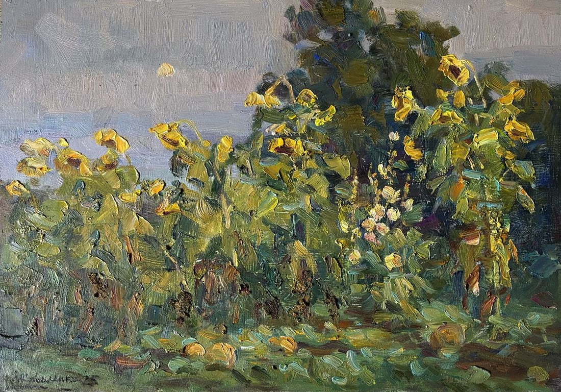 Oil painting Sunflowers behind the House Ivan Kovalenko: Title: Oil painting Sunflowers behind the House Ivan Kovalenko Description: Koval 256*** ABOUT THIS PAINTING **** TITLE: "Sunflowers behind the House" * ARTISTS: Ivan Kovalenko* SIZE: 35x50