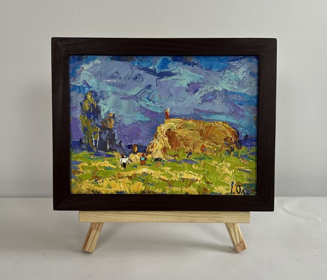 Oil painting Harvesting hay in the field Alex Kalenyuk: Title: Oil painting Harvesting hay in the field Alex Kalenyuk Description: AAA4502The painting "Harvesting Hay in the Field" is a vivid depiction of rural life, capturing the essence of hardworking in