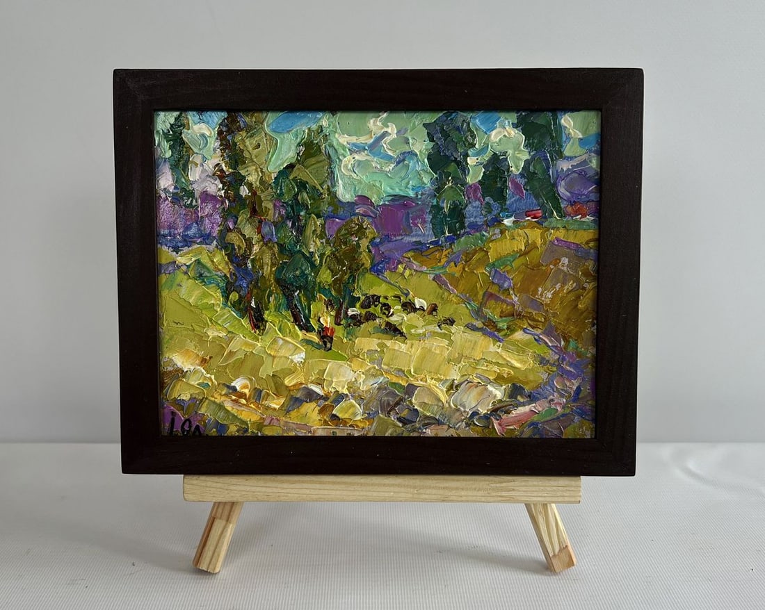 Oil painting Walking through the valley Alex Kalenyuk: Title: Oil painting Walking through the valley Alex Kalenyuk Description: AAA4527The painting "Walking through the Valley" beautifully captures a serene rural landscape, where nature unfolds in vibran