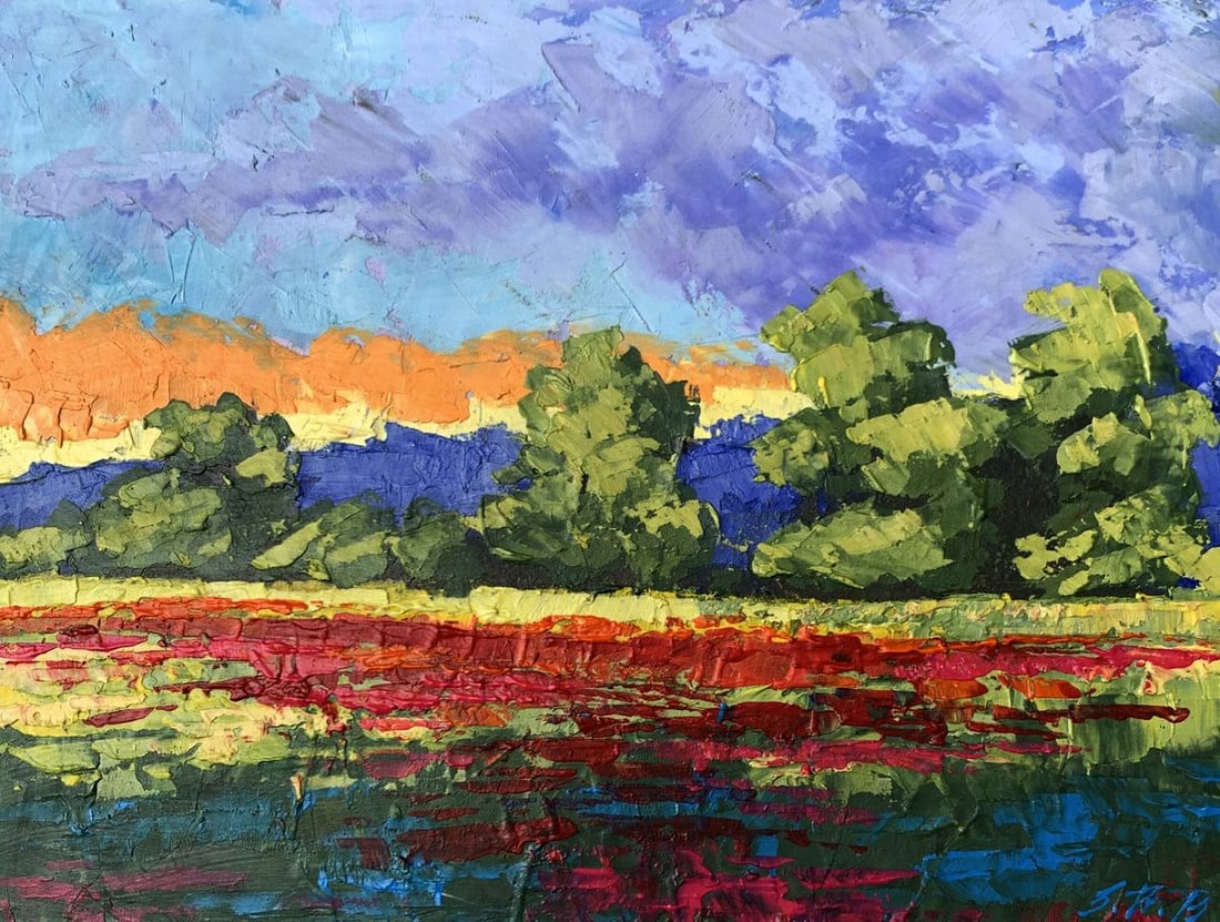 Oil painting Orange glow V. Zadorozhnya: Title: Oil painting Orange glow V. Zadorozhnya Description: AAA3328"Orange Glow" is a vibrant Oil painting that captures the stunning interplay of colors in a landscape bathed in the warm light of the