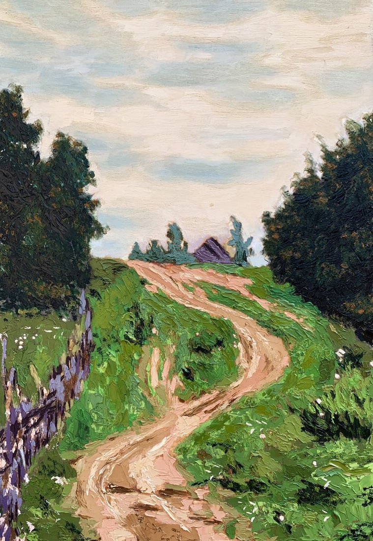 Oil painting The road to the village Oleksandr Gukalov: Title: Oil painting The road to the village Oleksandr Gukalov Description: AAA3502The painting titled "The Road to the Village" is a serene and nostalgic depiction of rural life, created with oil on c