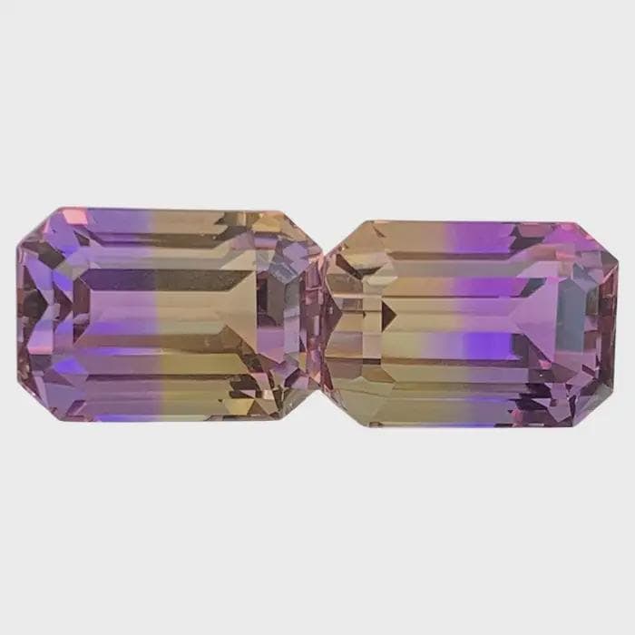 Emerald Cut Bolivian Ametrine Gemstone Pair: 11.90 CT, Royal Purple/Mango Yellow: Title: Emerald Cut Bolivian Ametrine Gemstone Pair: 11.90 CT, Royal Purple/Mango Yellow Description: Gemstone: Ametrine Emerald Cut Bolivian Ametrine Gemstone Pair: Royal Purple/Mango Yellow Propertie