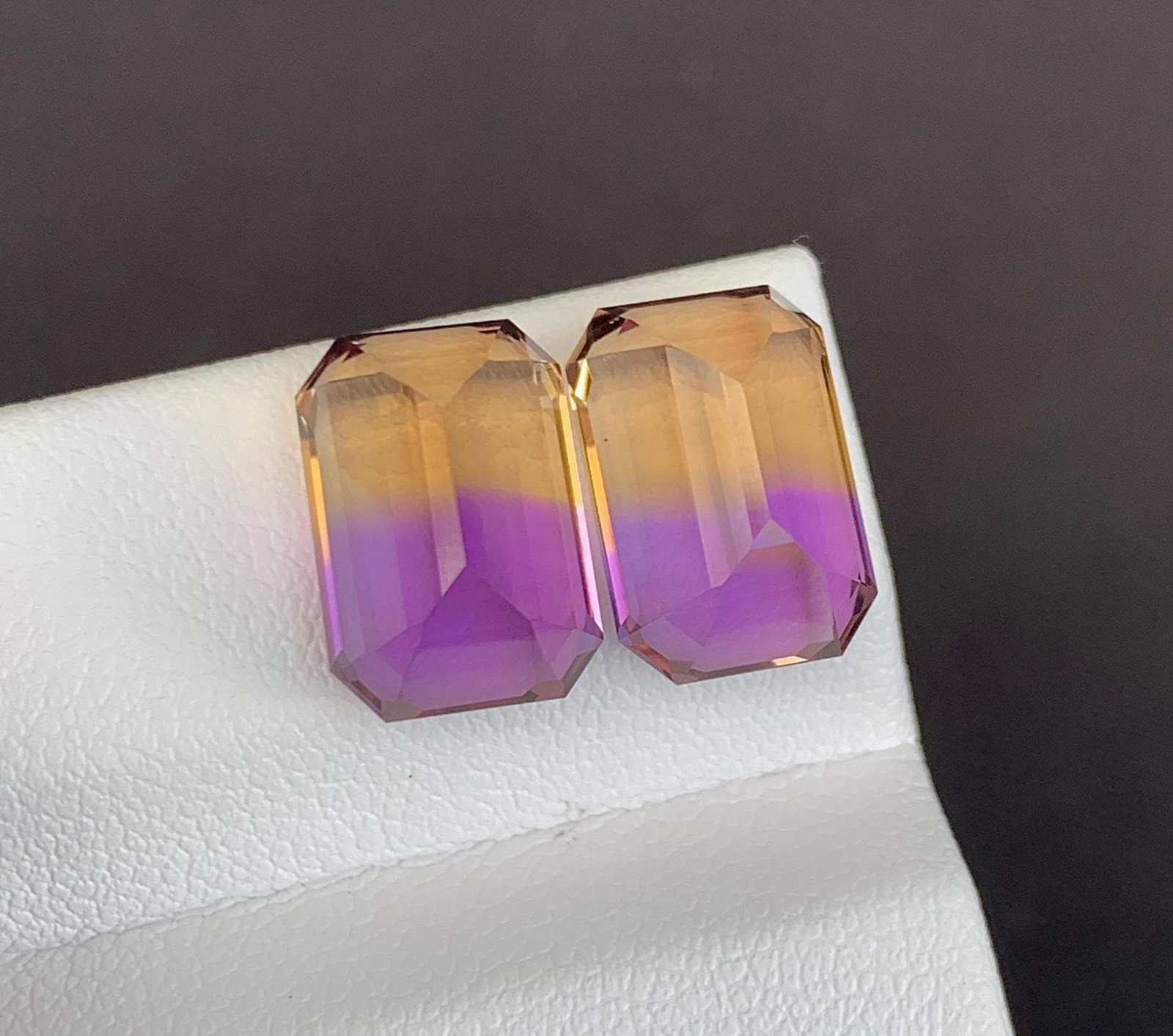 Emerald Cut Bolivian Ametrine Gemstone Pair: 11.90 CT, Royal Purple/Mango Yellow - 8