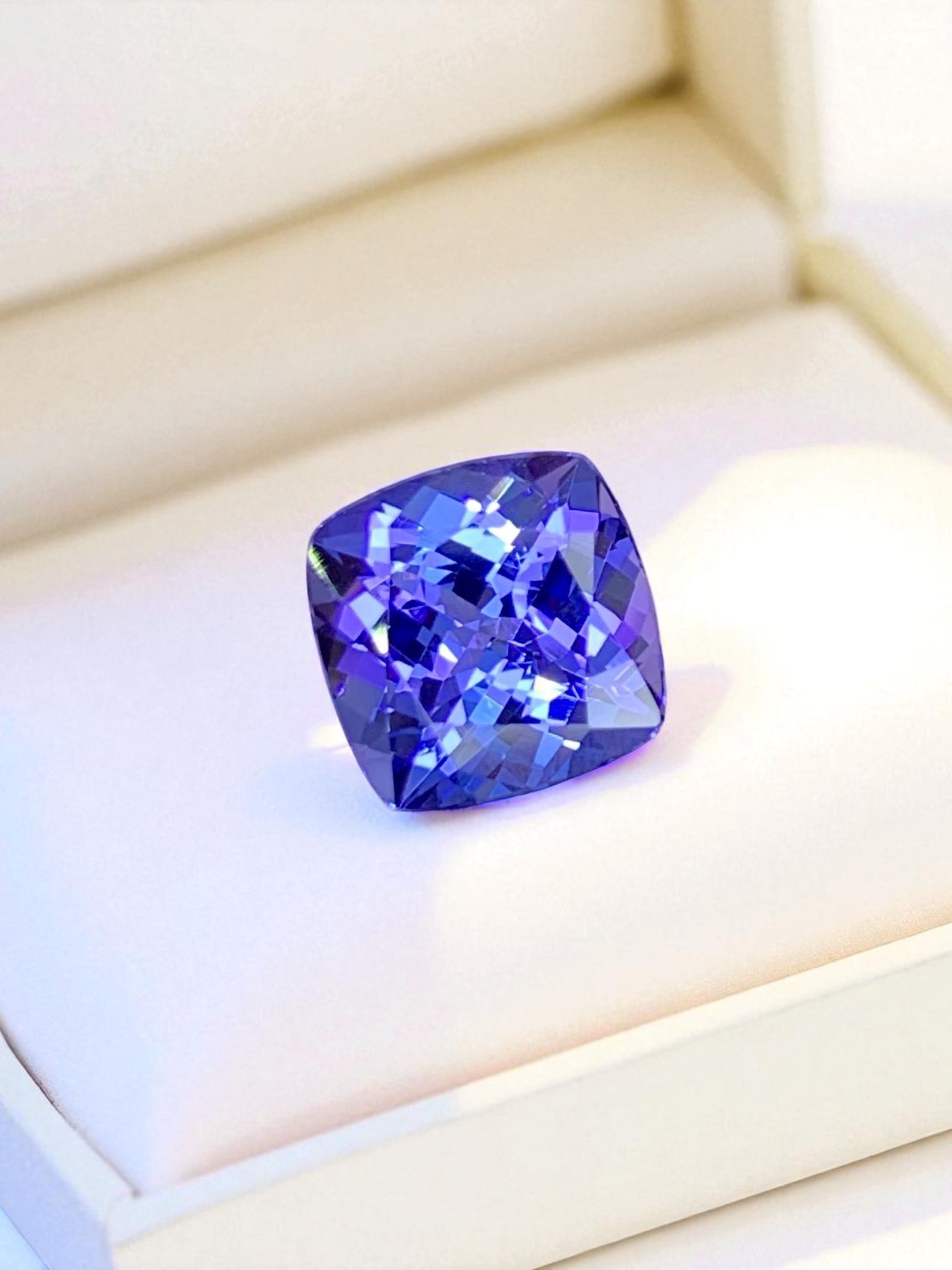 Natural Tanzanite Ring Stone, Deep Blue Tanzanite Loose Gemstone: Title: Natural Tanzanite Ring Stone, Deep Blue Tanzanite Loose Gemstone Description: Dimensions (mm) 8 x 8 x 5.1 mm Weight (cts) 2.9 Cushion Colours Description Natural Tanzanite Ring Stone, Deep Blue