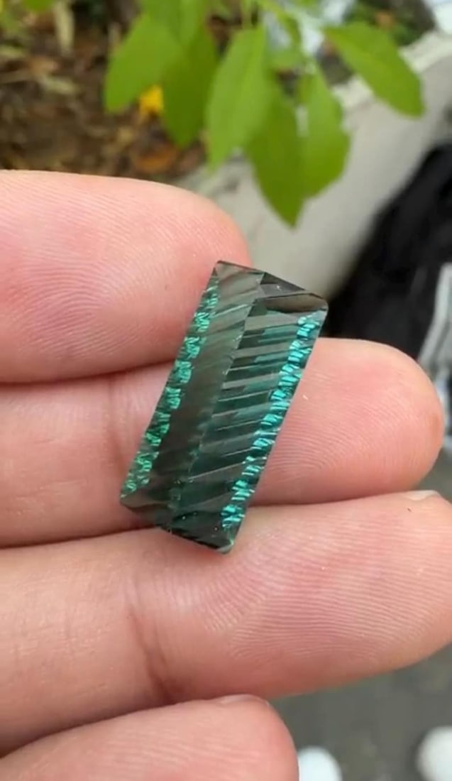 12.86 Carat Fancy Long Emerald Cut Green Tourmaline Gemstone, Waves Pattern Cut - 11