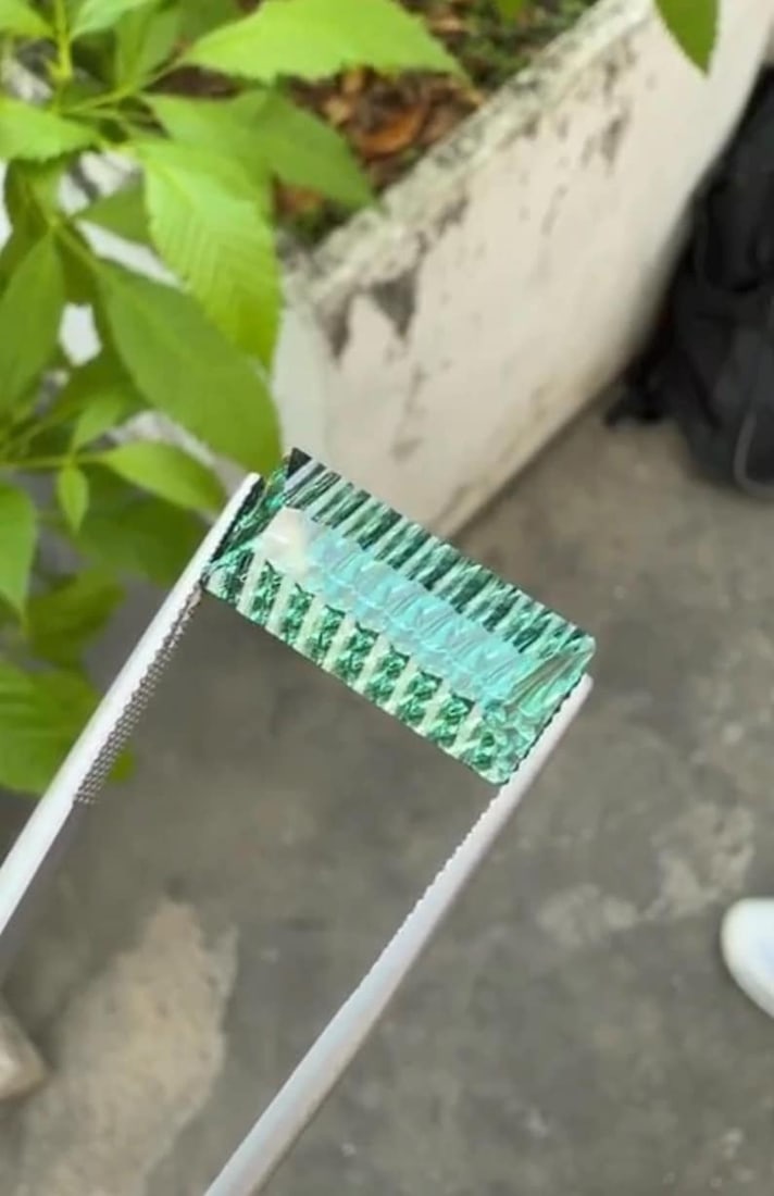 12.86 Carat Fancy Long Emerald Cut Green Tourmaline Gemstone, Waves Pattern Cut - 12