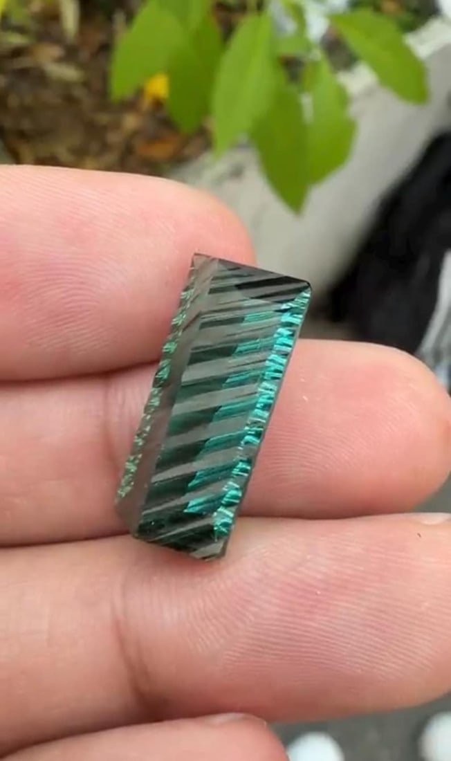 12.86 Carat Fancy Long Emerald Cut Green Tourmaline Gemstone, Waves Pattern Cut - 13