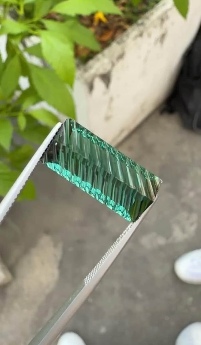 12.86 Carat Fancy Long Emerald Cut Green Tourmaline Gemstone, Waves Pattern Cut - 14