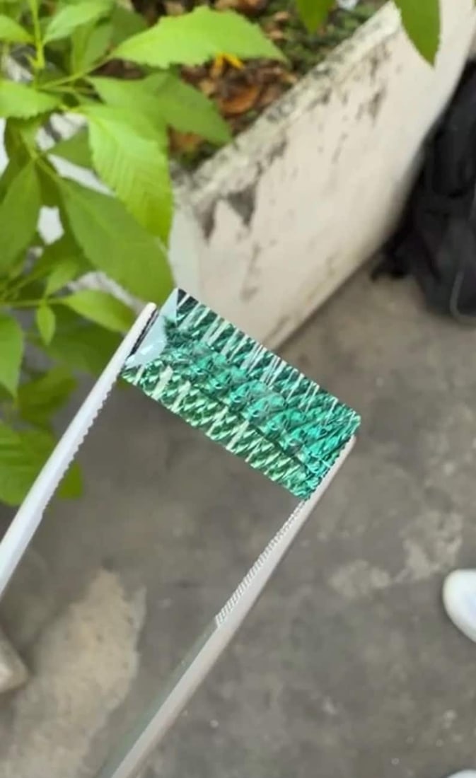 12.86 Carat Fancy Long Emerald Cut Green Tourmaline Gemstone, Waves Pattern Cut - 2