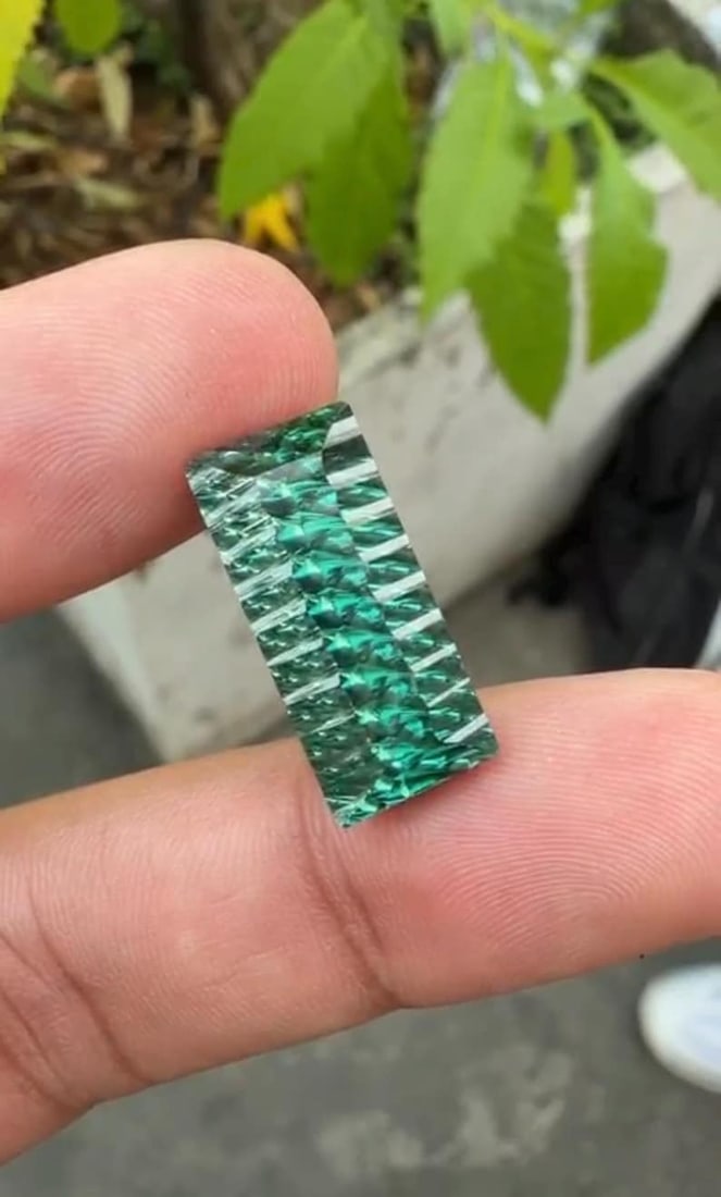 12.86 Carat Fancy Long Emerald Cut Green Tourmaline Gemstone, Waves Pattern Cut - 3