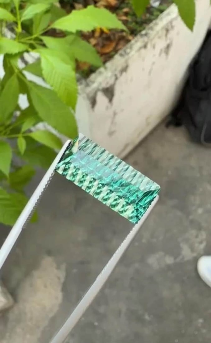 12.86 Carat Fancy Long Emerald Cut Green Tourmaline Gemstone, Waves Pattern Cut - 4