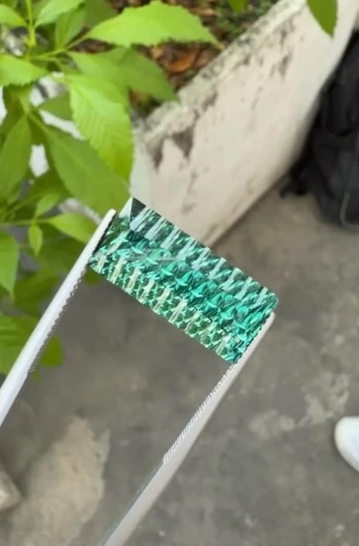 12.86 Carat Fancy Long Emerald Cut Green Tourmaline Gemstone, Waves Pattern Cut - 7