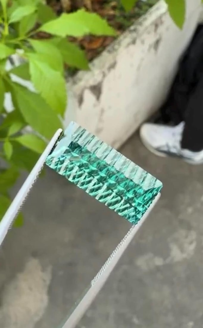 12.86 Carat Fancy Long Emerald Cut Green Tourmaline Gemstone, Waves Pattern Cut - 8