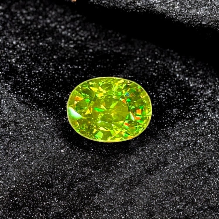 Full Fire Sphene Ring Stone, Green Sphene Titanite Loose Gemstone: Title: Full Fire Sphene Ring Stone, Green Sphene Titanite Loose Gemstone Description: Dimensions (mm) 9 x 7 x 5.5 mm Weight (cts) 2.15 Oval Colours Description Full Fire Sphene Ring Stone, Green
