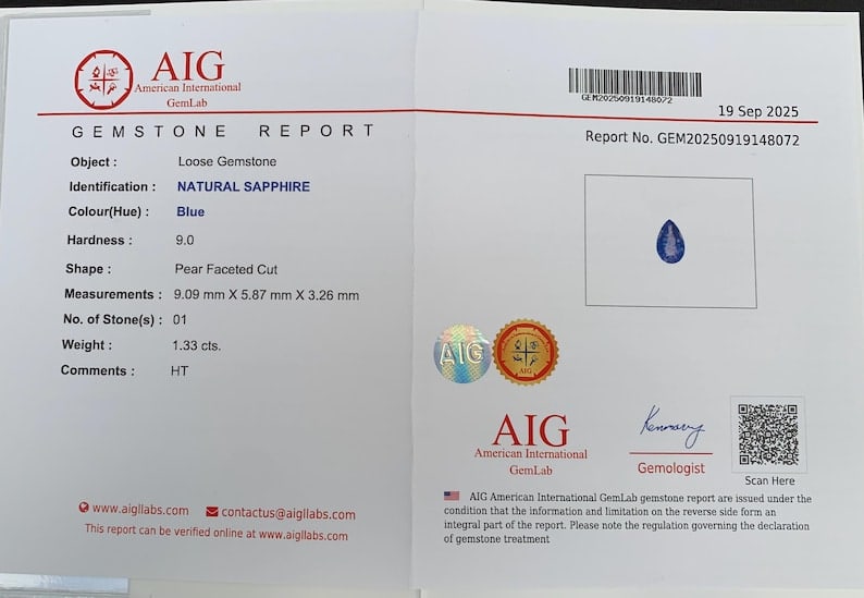 AIG Certified Faceted Blue Sapphire: 1.33 Carat Pear Cut Gemstone - 2