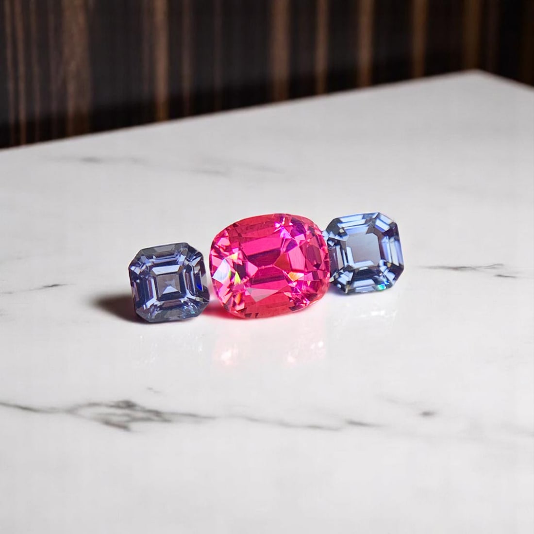 Pink Tourmaline Stone with Grey Spinel Pair, Gemstone Ring Set: Title: Pink Tourmaline Stone with Grey Spinel Pair, Gemstone Ring Set Description: Dimensions (mm) 7 x 6 x 5 mm Weight (cts) 2.45 Asscher, Cushion Colours Description Pink Tourmaline Stone with Grey S
