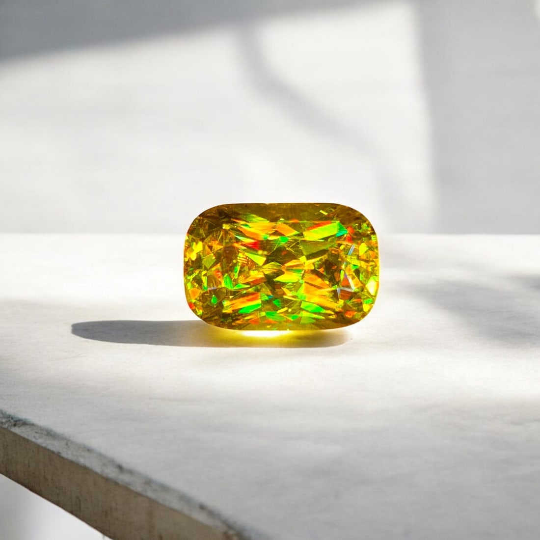 Full Fire Sphene Gemstone, Greenish Sphene Ring Stone, Natural Sphene Stone: Title: Full Fire Sphene Gemstone, Greenish Sphene Ring Stone, Natural Sphene Stone Description: Dimensions (mm) 12 x 8 x 7 mm Weight (cts) 5.45 Cushion Colours Description Full Fire Sphene Gemstone,