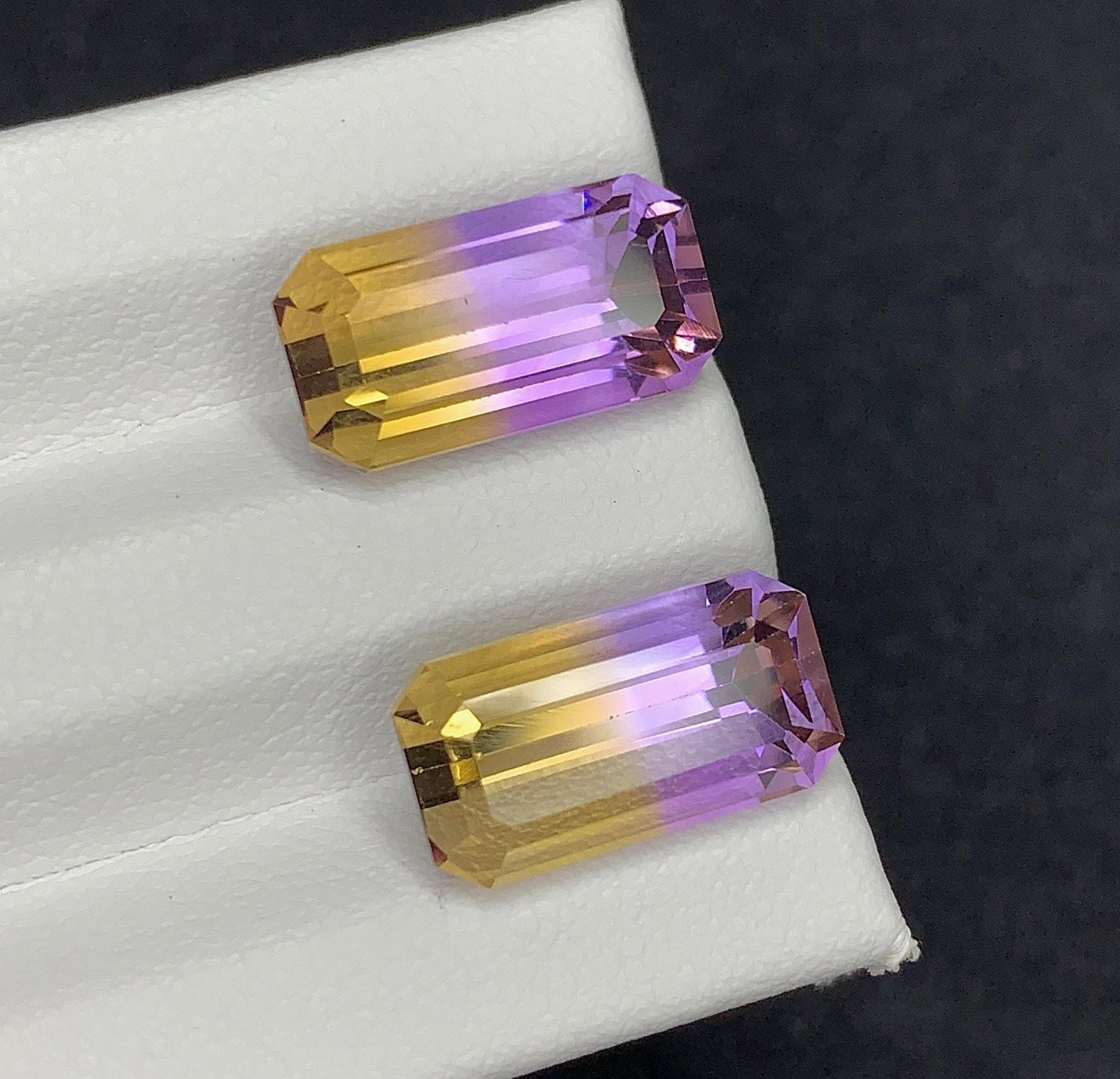 Emerald Cut Bolivian Ametrine Gemstone Pair: 11.30 CT, Royal Purple/Mango Yellow - 10