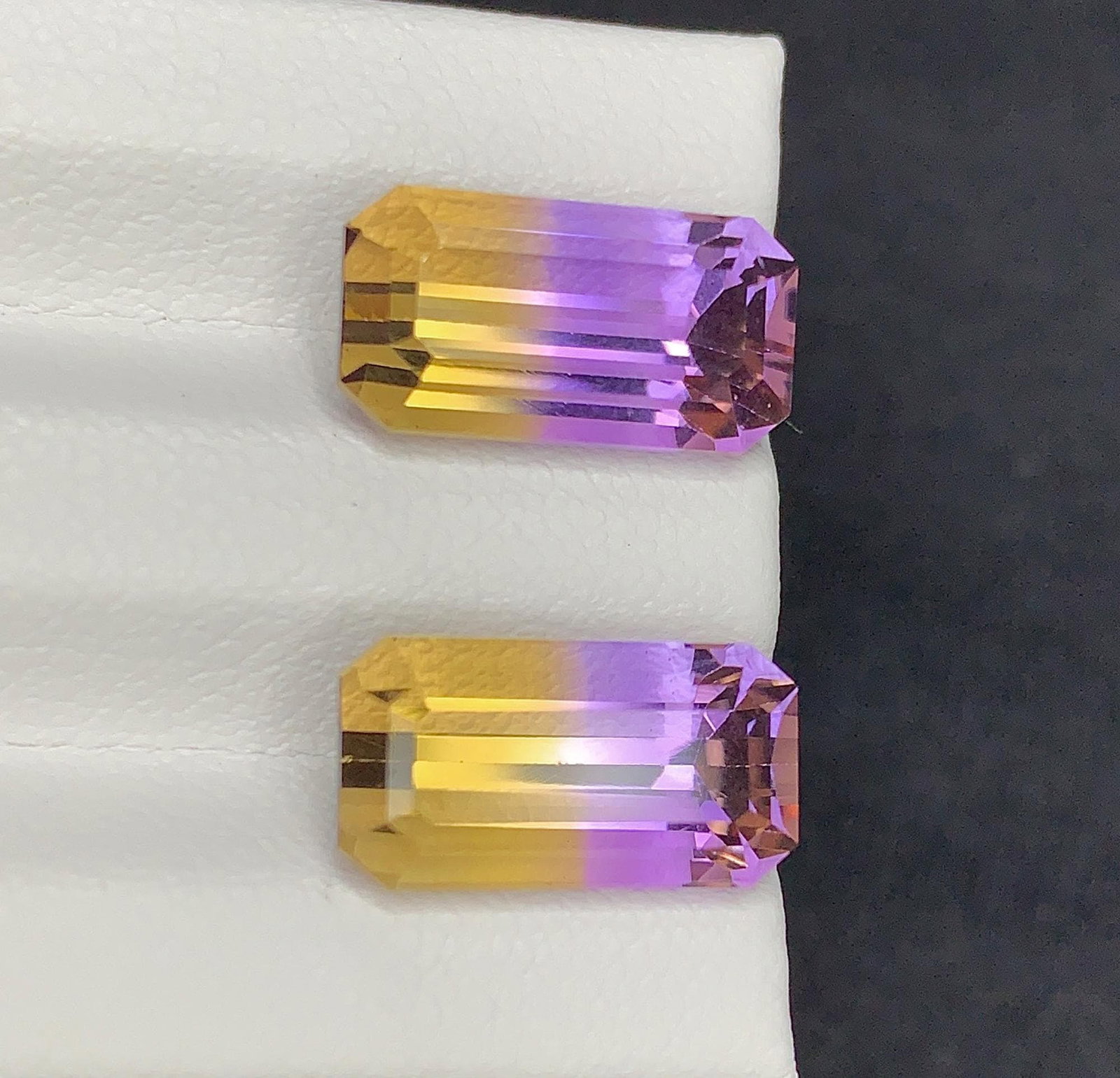 Emerald Cut Bolivian Ametrine Gemstone Pair: 11.30 CT, Royal Purple/Mango Yellow - 5