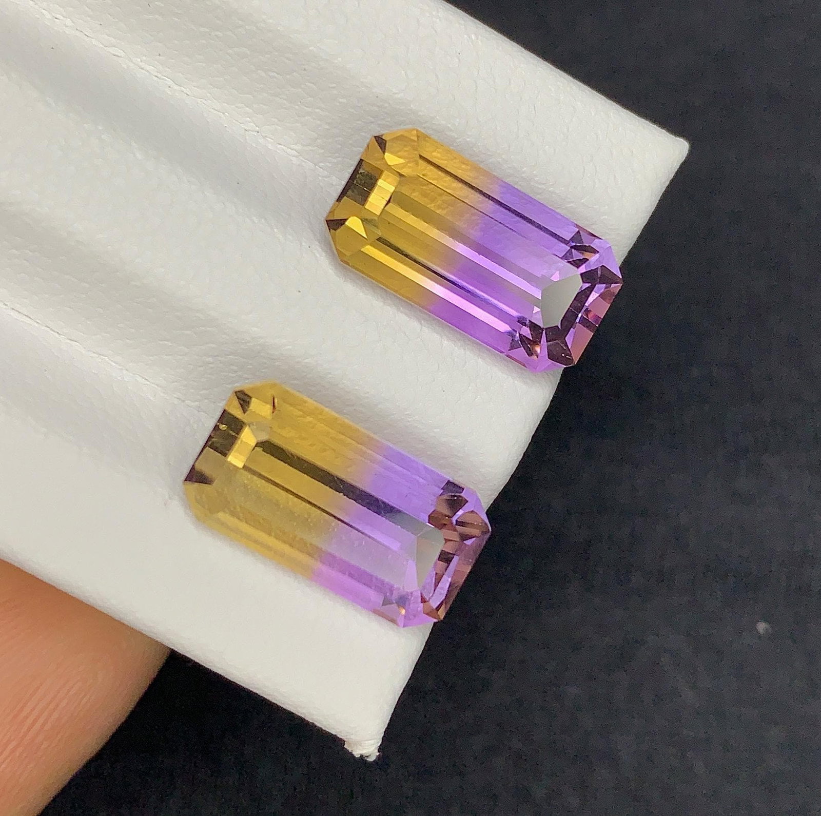 Emerald Cut Bolivian Ametrine Gemstone Pair: 11.30 CT, Royal Purple/Mango Yellow - 7