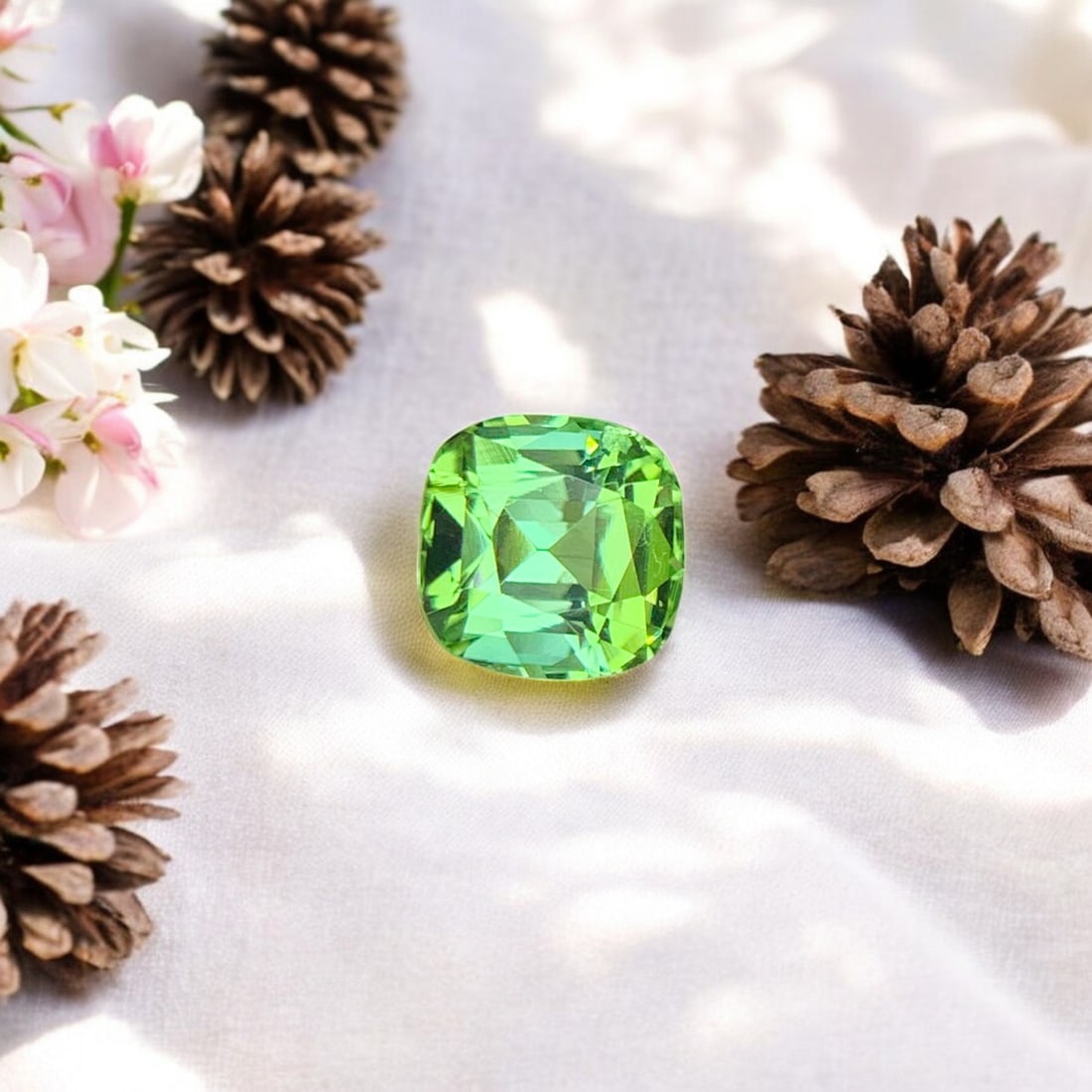 Light Green Tourmaline Ring Stone, Natural Tourmaline Loose Gemstone: Title: Light Green Tourmaline Ring Stone, Natural Tourmaline Loose Gemstone Description: Dimensions (mm) 7 x 7 x 5 mm Weight (cts) 1.45 Cushion Colours Description Light Green Tourmaline Ring Stone,