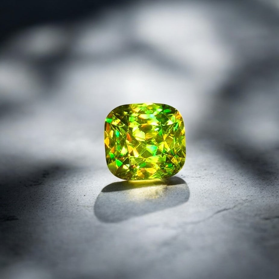 Green Sphene Ring Stone, Full Fire Sphene Gemstone For Ring Making: Title: Green Sphene Ring Stone, Full Fire Sphene Gemstone For Ring Making Description: Dimensions (mm) 10 x 9 x 7 mm Weight (cts) 4.35 Cushion Colours Description Green Sphene Ring Stone, Full Fire Sp